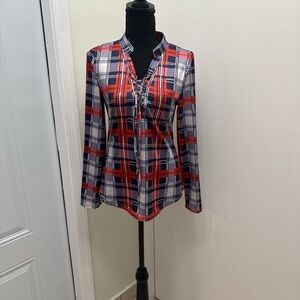 Chic Plaid V-Neck Blouse - Red and Blue
